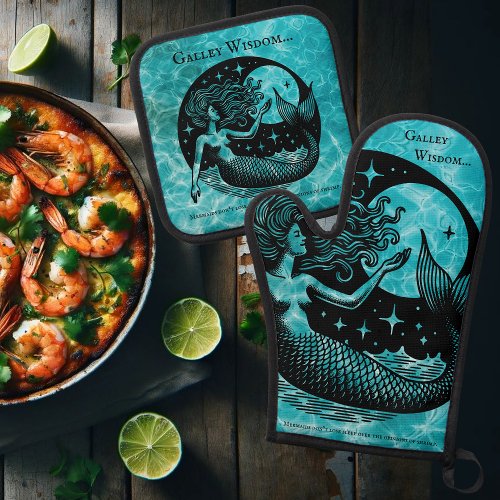 Bespoke Aqua Blue Mystical Mermaid Galley Wisdom Oven Mitt  Pot Holder Set