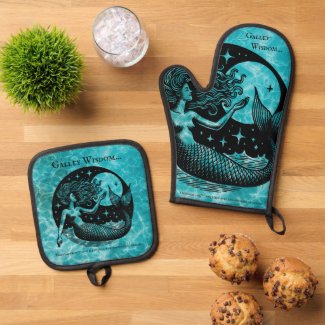 Bespoke Aqua Blue Mystical Mermaid Galley Wisdom Oven Mitt & Pot Holder Set