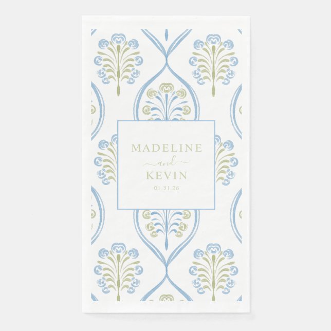 Bespoke Blue and Green Floral Wedding Paper Guest Towels (Front)