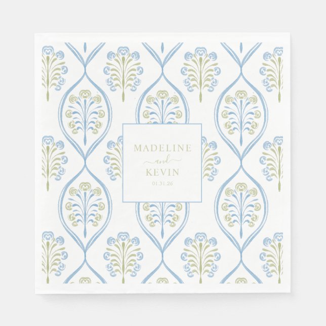 Bespoke Blue and Green Floral Wedding Pattern Napkins (Front)