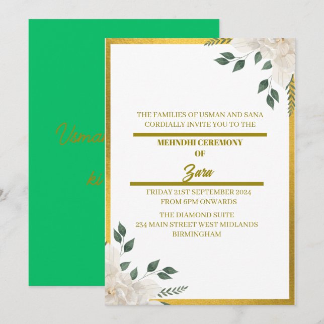 Bespoke Green and Gold Floral Mehndi Invite (Front/Back)