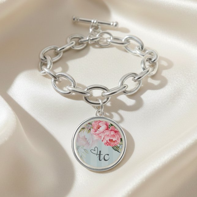 Bespoke Peony & Heart Monogram Silver Bracelet (Creator Uploaded)