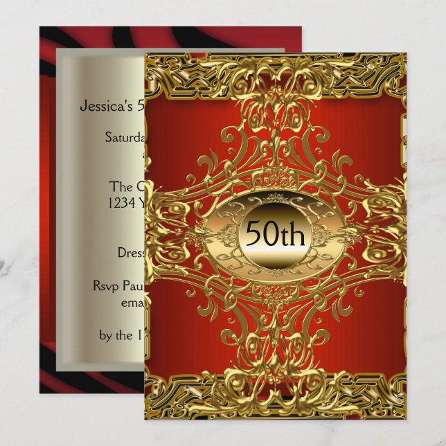 Best 50th Gold Burgundy Birthday Party Invitation (Front/Back)