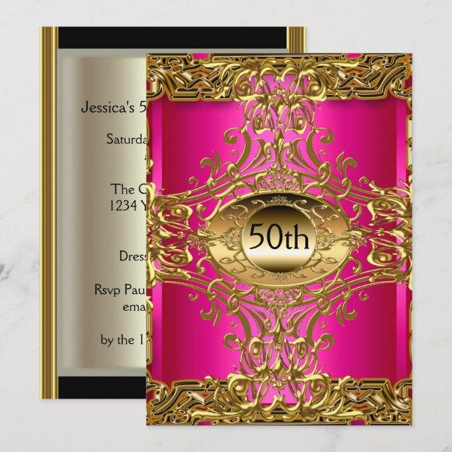 Best 50th Gold Hot Pink  Birthday Party Invitation (Front/Back)