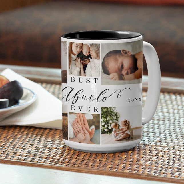 Best Abuelo Ever Elegant Script 8 Photo Collage Two-Tone Coffee Mug (Creator Uploaded)