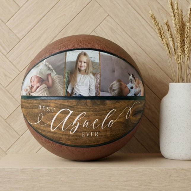 Best Abuelo Ever Script Woodgrain Photo Collage Basketball (Best Abuelo Ever Script Woodgrain Photo Collage Basketball)