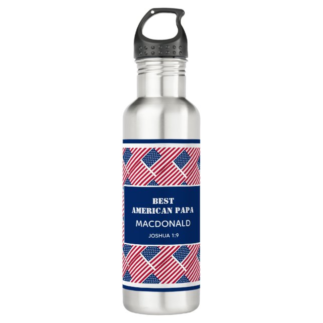 BEST AMERICAN PAPA Patriotic Flag Personalized Stainless Steel Water Bottle (Front)