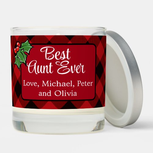 Best Aunt ever Christmas classic Red Plaid Holly  Scented Candle
