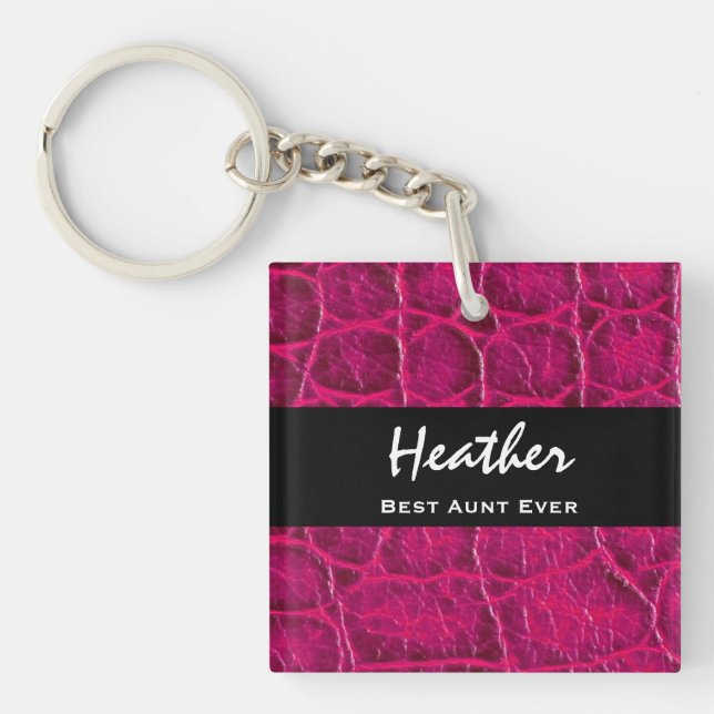Best AUNT Ever Hot Pink Alligator Print Gift Idea Keychain (Front)