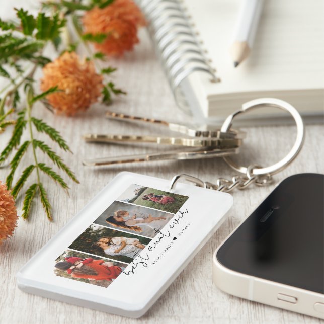 Best Aunt Ever Modern Script 4 Photos Collage Gift Keychain (Front Right)