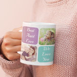 Best Aunt Ever Photos Coffee Mug<br><div class="desc">Celebrate a favorite aunt with this custom purple and teal design. You can add five family photos of nieces and nephews, personalize the expressions of "Best Aunt Ever" and "I Love You" or "We Love You, " and whether she is called Aunt, Auntie, Tia, etc., and her name. You can...</div>