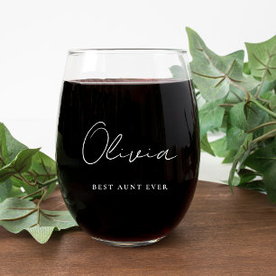 Best Aunt Ever White Script Monogram Stemless Wine Glass