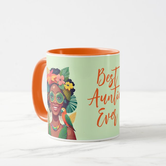 Best Auntie Black Woman, Tropical Flowers & Parrot Mug (Front Left)