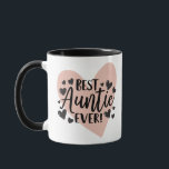 Best Auntie Ever Black Pink Heart Mug<br><div class="desc">This cute and sweet mug is perfect for any aunt. It features the phrase, "Best Auntie Ever!" in black handwritten typography on top of a blush pink heart and surrounded by small black and white hearts. It's adorable, sweet, modern, simple, elegant, and cool; the perfect gift from her niece or...</div>