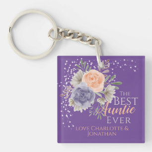 Best Auntie Ever Purple Floral Peony Rose Keychain