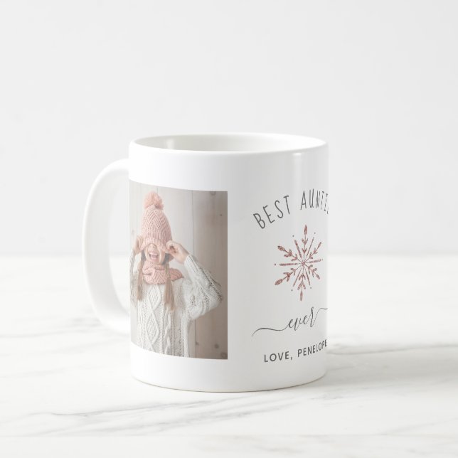 Best Auntie Ever | Two Photo Rose Gold Snowflake Coffee Mug (Front Left)