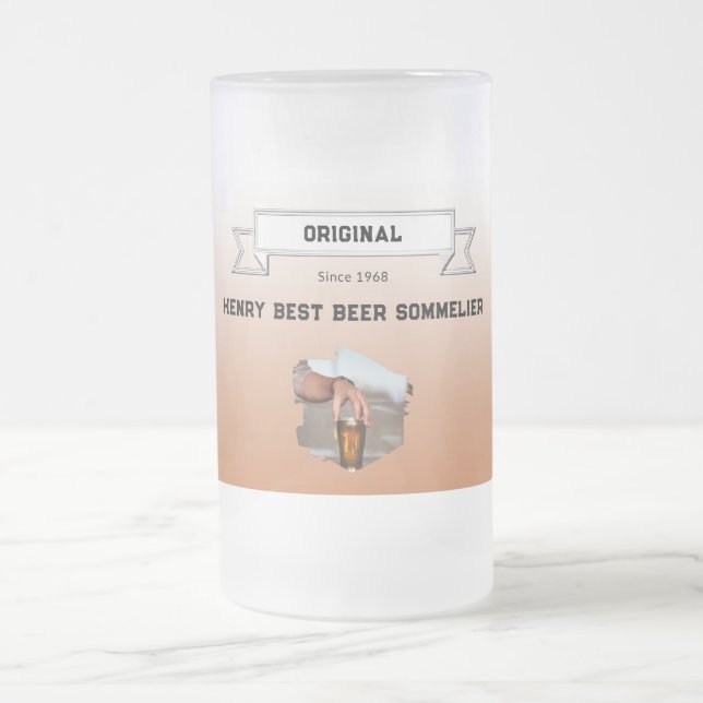 Best Beer Sommelier Brown White Gradient & Photo Frosted Glass Beer Mug (Center)