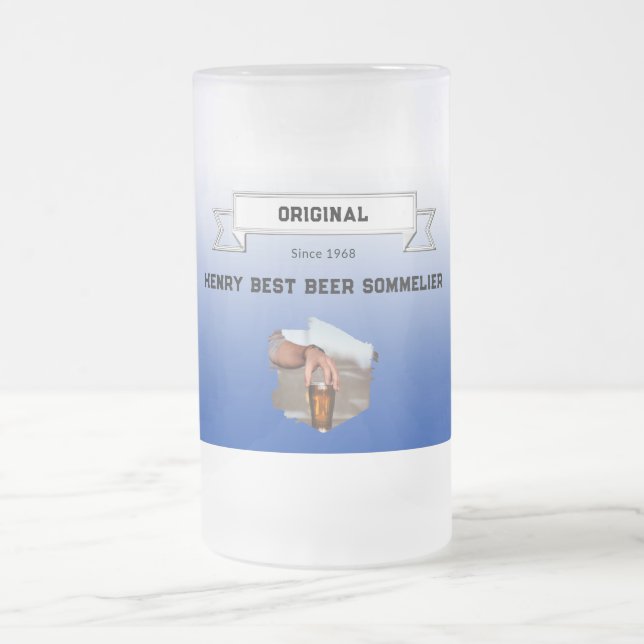 Best Beer Sommelier Dark Blue White Gradient Photo Frosted Glass Beer Mug (Center)