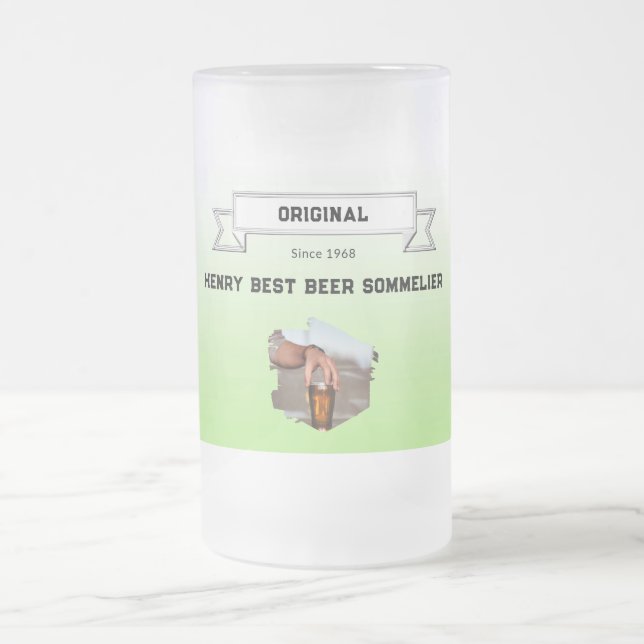 Best Beer Sommelier Green White Gradient & Photo Frosted Glass Beer Mug (Center)