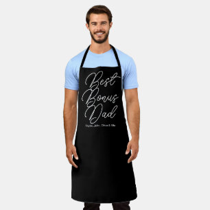 Best Bonus Dad black modern script step kids names Apron