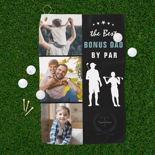 Best Bonus Dad By Par  Monogram Photo Collage Golf Towel