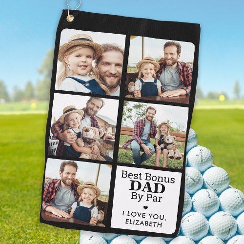 Best BONUS DAD By Par Personalized 5 Photo Collage Golf Towel