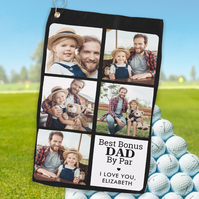 Best BONUS DAD By Par Personalized 5 Photo Collage Golf Towel (Creator Uploaded)