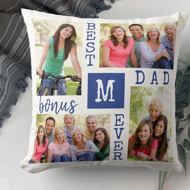 Best Bonus Dad Ever 4 Photo Blue White Monogrammed Throw Pillow (Creator Uploaded)