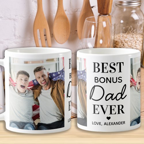 Best BONUS DAD Ever Custom 2 Photo Fathers Day Coffee Mug