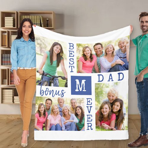 Best Bonus Dad Ever Editable Year 4 Photo Blue Fleece Blanket