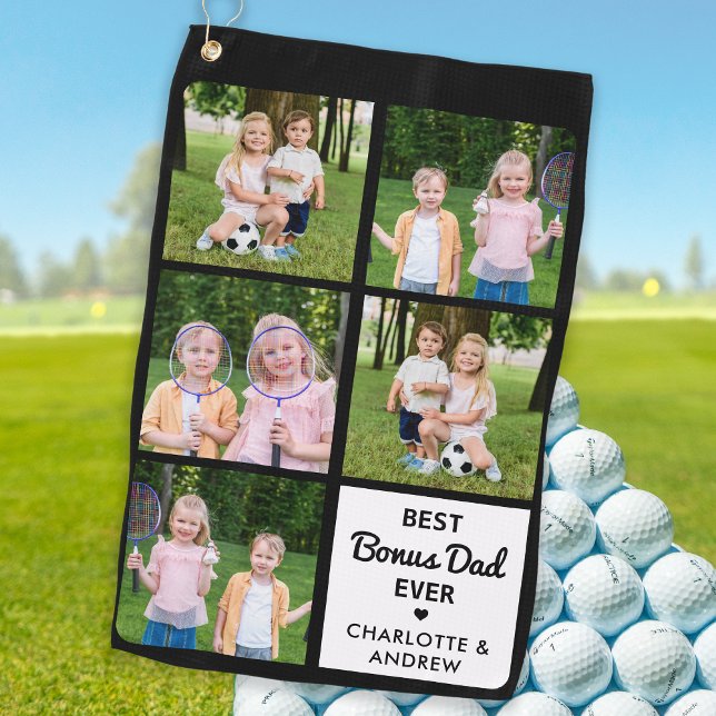 Best BONUS DAD Ever Golfer Custom 5 Photo Collage Golf Towel (Creator Uploaded)