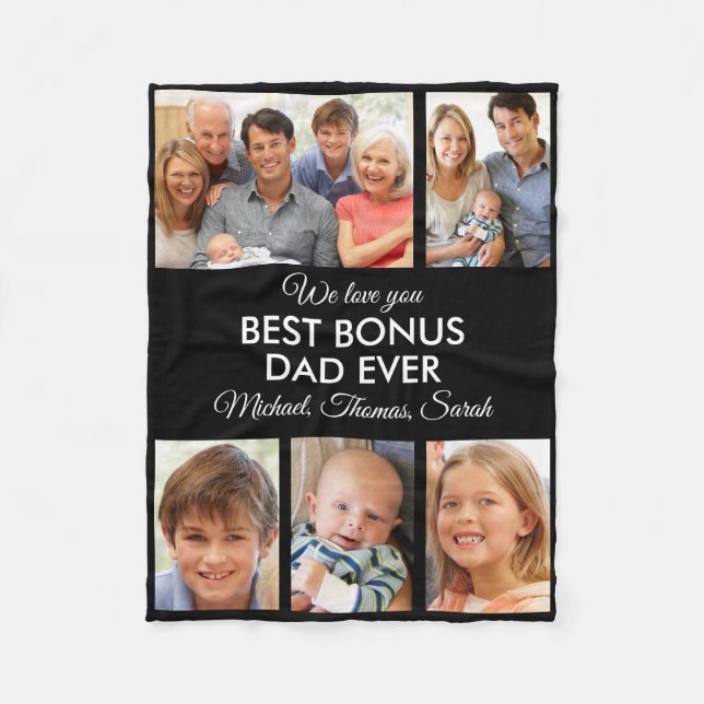 Best Bonus Dad Ever Photo Collage Fathers Day Fleece Blanket (Front)