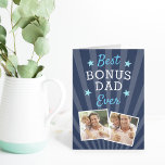 Best Bonus Dad Ever Stepfather Father's Day Photo Card<br><div class="desc">Celebrate an awesome stepfather this Father's Day with this cool photo greeting card design that features two photos and the phrase "best bonus Dad ever" in white and blue lettering. Add an additional photo to the inside,  along with a pre-printed message.</div>