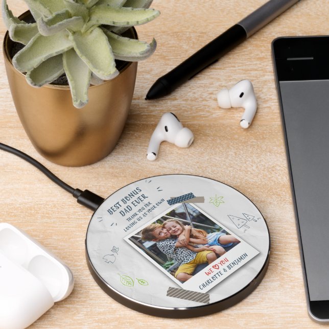 Best Bonus Dad Family Photo Personalized Stepdad Wireless Charger (Desk 2)