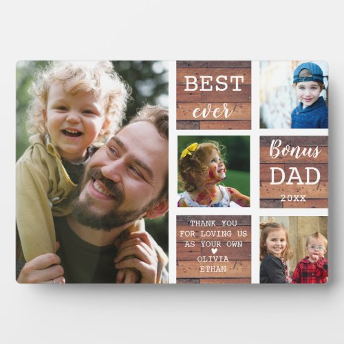 Best Bonus Dad Fathers Day Wood 4 Photo Collage Plaque