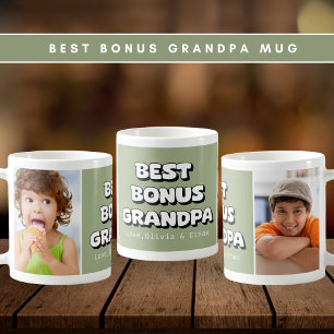 Best Bonus Grandpa Grandchildren 2 Photo Green Coffee Mug
