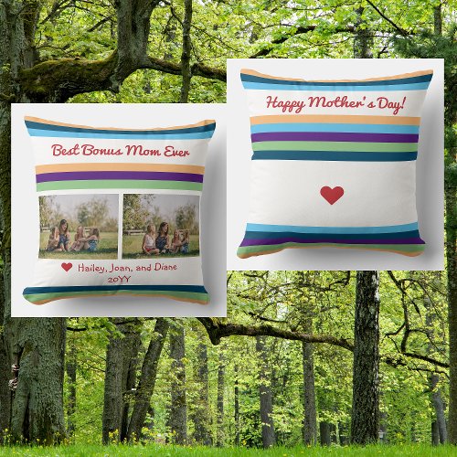 Best Bonus Mom Ever 2 Photos Names Script Modern Throw Pillow