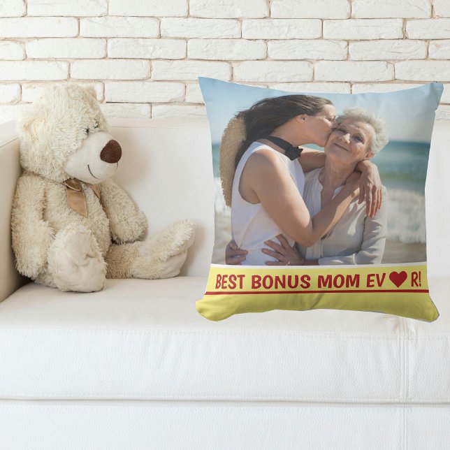 Best Bonus Mom Ever Photo Heart Mother's Day Bday Throw Pillow (Best Bonus Mom EVER! Heart. Simple, Minimalist,  Modern Mother's Day gift for Stepmom / Second Mom)