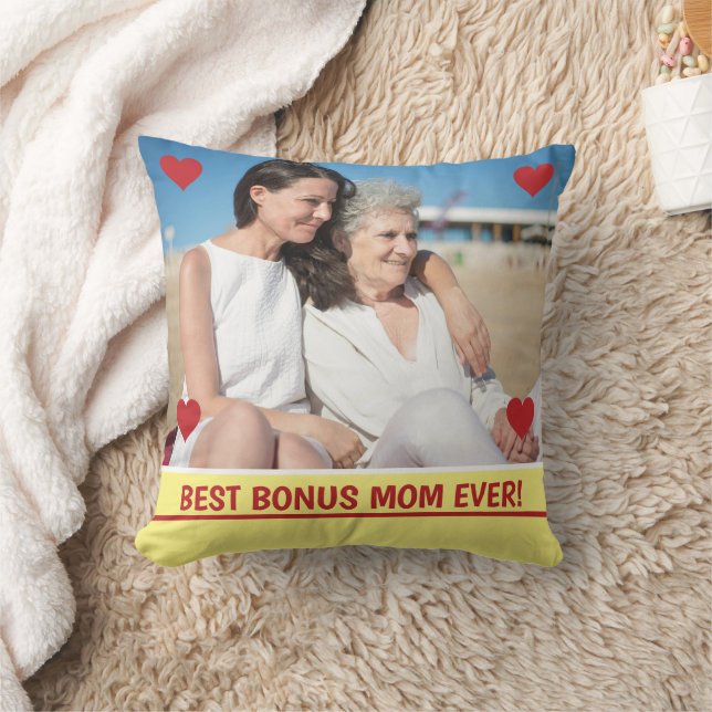 Best Bonus Mom Ever Photo Hearts Mother's Day Bday Throw Pillow (Blanket)