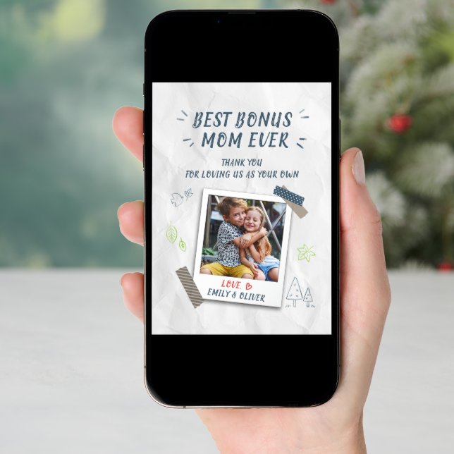 Best Bonus Mom Mothers Day Stepmom Custom Photo Holiday Card (Front Digital)