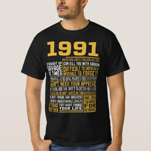 Best Born in 1991 Facts for Mens Womens Bday Gif T_Shirt