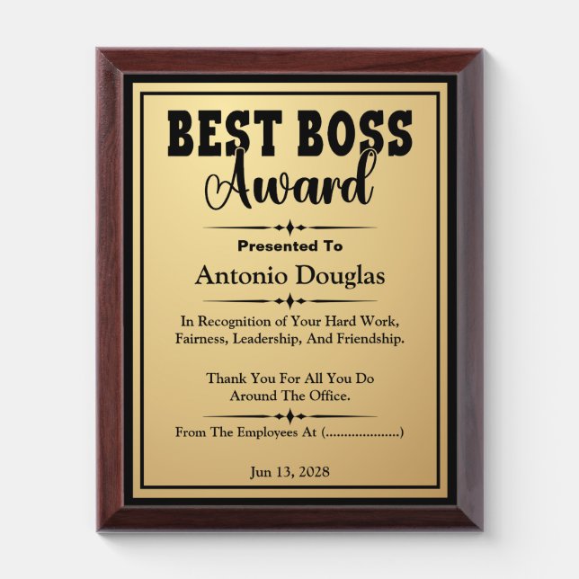 Best Boss Award Thank You Gift | Gold & Black Plaque (Vertical)