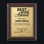 Best Boss Award Thank You Gift Simple Gold & Black<br><div class="desc">The "Best Boss" Simple Gold & Black design custom award plaque is a thoughtful and unique gift acknowledging a boss's exceptional leadership and management skills. this plaque features a sleek and modern design with a simple gold and black color scheme, making it a stylish addition to any office or home...</div>