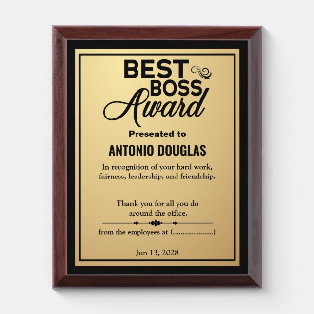 Best Boss Award Thank You Gift Simple Gold & Black (Vertical)