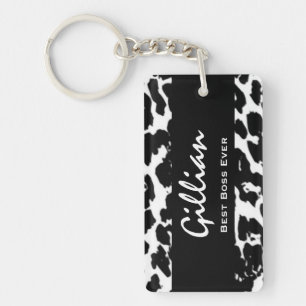 Best Boss Ever Custom Name Black White Leopard Keychain