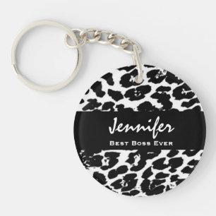 Best Boss Ever Custom Name Black White Leopard Keychain