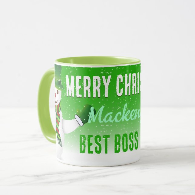 Best Boss Ever with Snowman on Christmas GREEN Mug (Front Left)