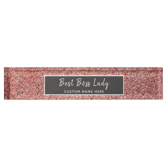 Best Boss Lady Rose Gold Glitter Personalized Desk Name Plate (Front)
