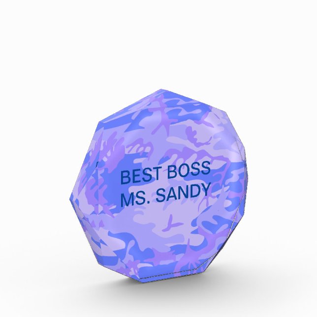 Best Boss & Name Camouflage Pastel Blue Pattern Acrylic Award (Left)