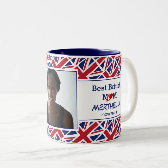BEST BRITISH MUM Personalized Union Jack Photo Two-Tone Coffee Mug (Front Right)